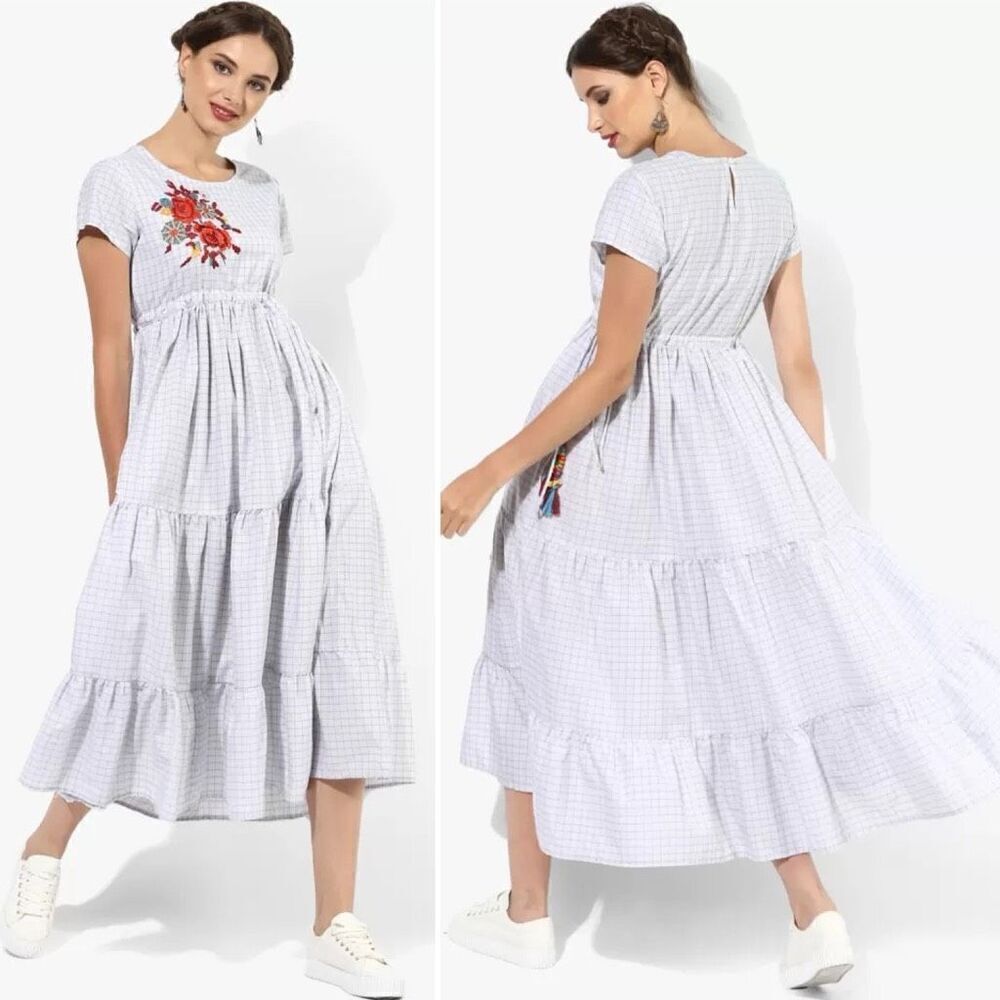 Sangria Embroidered Empire Waist Midi Dress M Boho Cottage Core Prairie